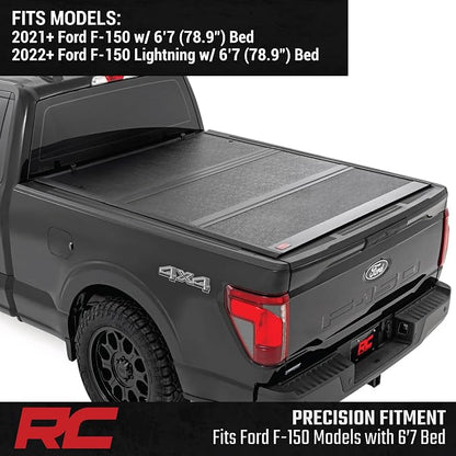 Rough Country Hard Low Profile Tri-Fold Tonneau Cover for Ford F-150 (2021–2026) & F-150 Lightning (2022–2026) – Aluminum Truck Bed Cover