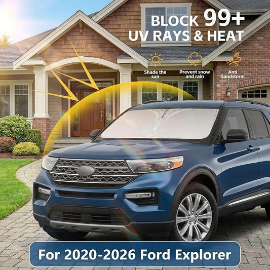 Windshield Sun Shade for Ford Explorer 2020-2024 2025 2026 Window Shade Custom Fit Explorer Accessories SUV ST XLT, Limited, Platinum Sun Visor Foldable Shade Blocks UV Rays