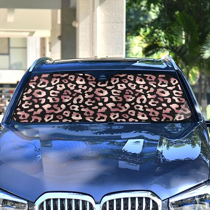 Windshield Sun Shade Rose Gold Pink Leopard Cheetah Animal Front Window Block UV Shades Visor Reflective Retractable for Car SUV Trucks