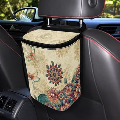 Talayituse Vintage Boho Mandala Dragonfly Print Car Trash Bin, Large Size Auto Trash Can Adjustable Portable Garbage Can with Lid, Vehicle Hanging Bag for Headrest Front Back Seat