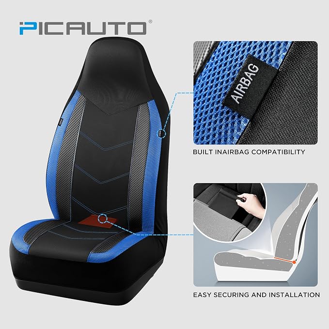 PIC AUTO Car Seat Covers - High Back Front Seat Covers, Sports Carbon Fiber Mesh Design, Universal Fit, Airbag Compatible (Blue)