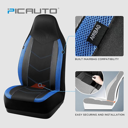 PIC AUTO Car Seat Covers - High Back Front Seat Covers, Sports Carbon Fiber Mesh Design, Universal Fit, Airbag Compatible (Blue)