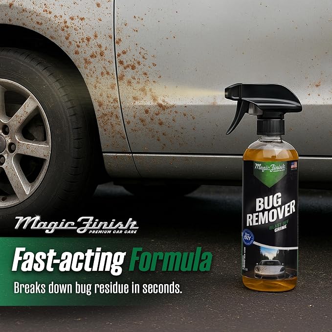 Magic Finish Car Bug Remover Spray (16 fl oz) – Fast-Acting Spray for Road Grime and Organic Residue – Car Cleaning Supplies for Paint, Glass, Plastic & Chrome