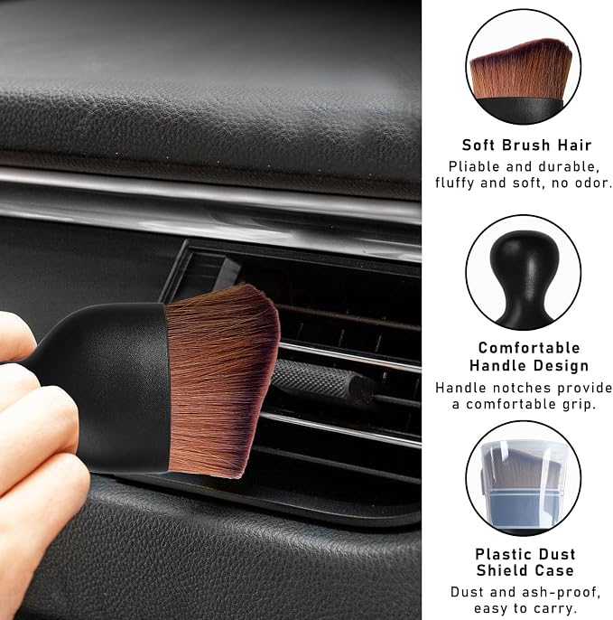 Dickno 2PCS Car Interior Dust Brush, Soft Scratch Free Auto Detailing Brushes, Universal Vehicle Interior Cleaning Tool for Automotive Dashboard, Air Vents, Leather (Dark Brown)