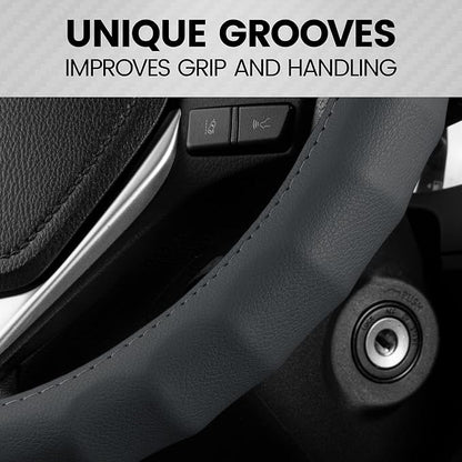 BDK SW-899-MG Genuine Leather Car Steering Wheel Cover 14.5-15 inch Medium/Gray, Easy Installation