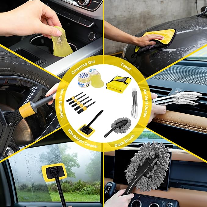 Nilight 15PCS Car Detailing Kit Auto Cleaning Tools Wash Set with Storage Carry Bag Beginners Easy to Use for Interior Exterior Car Care Clean Windshield Dashboard Seat Air Vents Wheels Tires, Yellow