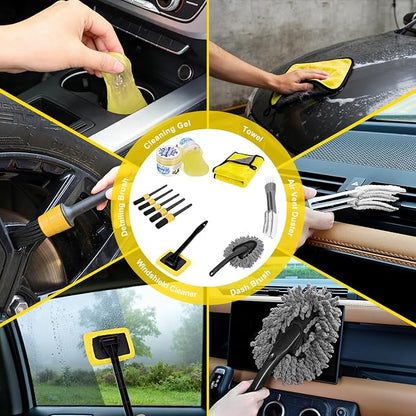 Nilight 15PCS Car Detailing Kit Auto Cleaning Tools Wash Set with Storage Carry Bag Beginners Easy to Use for Interior Exterior Car Care Clean Windshield Dashboard Seat Air Vents Wheels Tires, Yellow