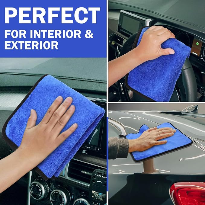 Tallew 12 Pcs Microfiber Towels for Cars, 800 GSM Plush Drying Cleaning Cloth Bulk, 16 x 16 Inch Thick Absorbent Wash Detailing Towels for Car Polishing, House, Kitchen Cleaning(Gray and Blue)
