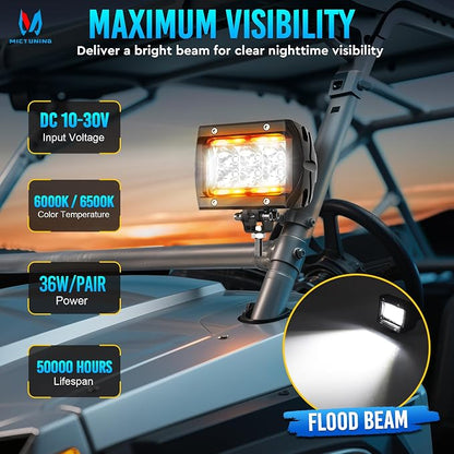 MICTUNING K1 LED Light Pods with Amber DRL 4 Inch, 36W Flood Off Road Lights Super Bright Driving Fog Light 1800LM IP68 Waterproof with Wire Harness for Trucks Motorcycle ATV UTV SUV Car Boat, Pair