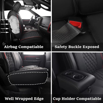 JOJOBAY Car Seat Covers for Dodge Ram,Fit 2009-2025 1500/2500/3500 HD Pick-up Truck,Crew,Regular,Quad,Mega Cab,Waterproof Synthetic Leather Seat Covers(5PCS-Full Set,Black-Red)