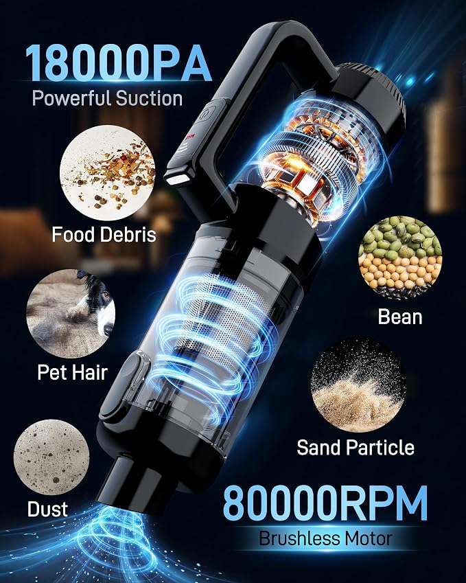 Handheld Vacuum Cordless, 18000PA Strong Suction Car Vacuum Cleaner Portable with Brushless Motor & LED Light, Hand Vacuum with Multi-Nozzles & Washable Filter for Home Office, Car, Pets