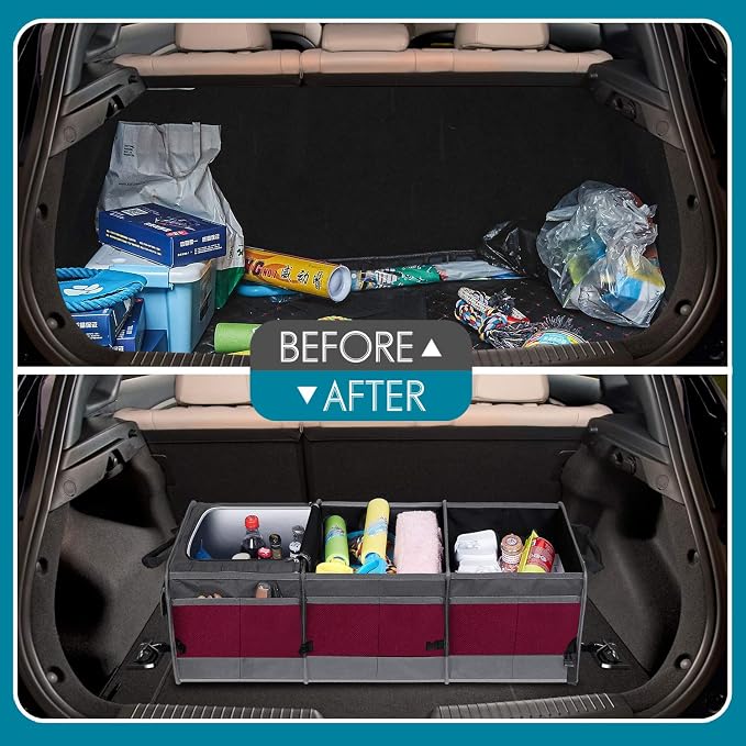 Trunk Organizer with Cooler, Collapsible Trunk Storage Container with Non Slip Bottom Strips, Large Multi-Compartment Waterproof Car Trunk Organizer Groceries for Vehicle Sedan, SUV, Van(Wine Red)