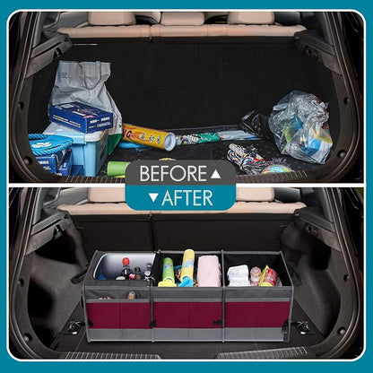 Trunk Organizer with Cooler, Collapsible Trunk Storage Container with Non Slip Bottom Strips, Large Multi-Compartment Waterproof Car Trunk Organizer Groceries for Vehicle Sedan, SUV, Van(Wine Red)