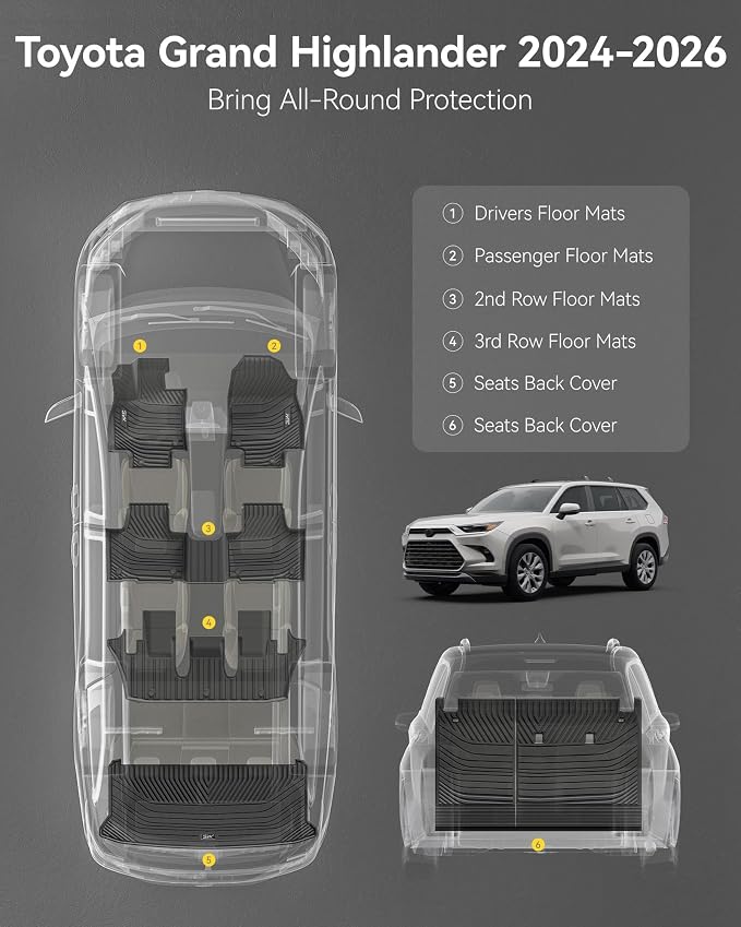 3W Floor Mats for 2024 2025 2026 Toyota Grand Highlander 7 Seat with Subwoofer (Include Hybrid), Trunk Mat Cargo Liner, and Seat Back Covers TPE All Weather, Black(Not for Hybrid MAX Model)