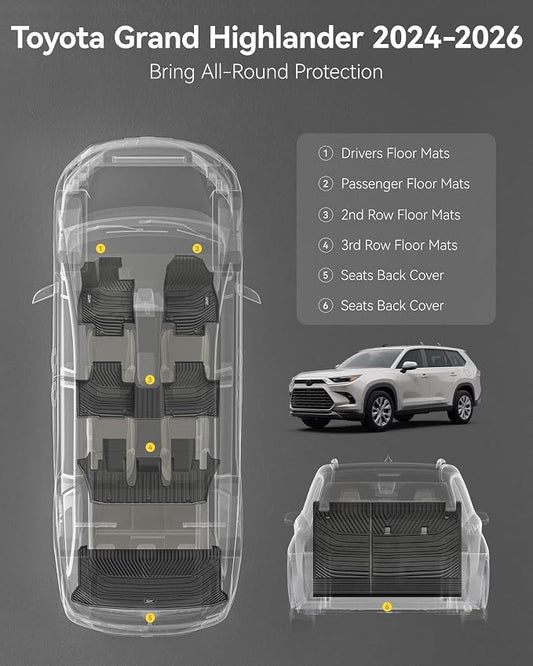 3W Floor Mats for 2024 2025 2026 Toyota Grand Highlander 7 Seat with Subwoofer (Include Hybrid), Trunk Mat Cargo Liner, and Seat Back Covers TPE All Weather, Black(Not for Hybrid MAX Model)