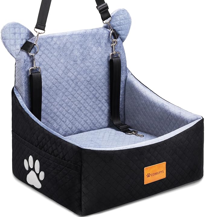 Dog car Seats for Small/Medium Dogs up to 33lbs- Washable, Waterproof, Dog Booster & car Seats with 2 Easy-Install Safety Belts, Non-Slip Base & Storage Pocket(Grey Black).