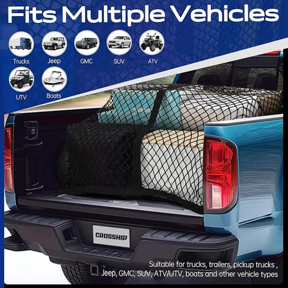 Double Layer Cargo Net for Truck Bed - for SUV/Truck/Pickup, 4'x4' Stretches to 7'x7' Highly Elastic Cargo Net - Trunk Organizer with 8 Hooks & Anti-Slip Clips - Universal Vehicle Storage Net