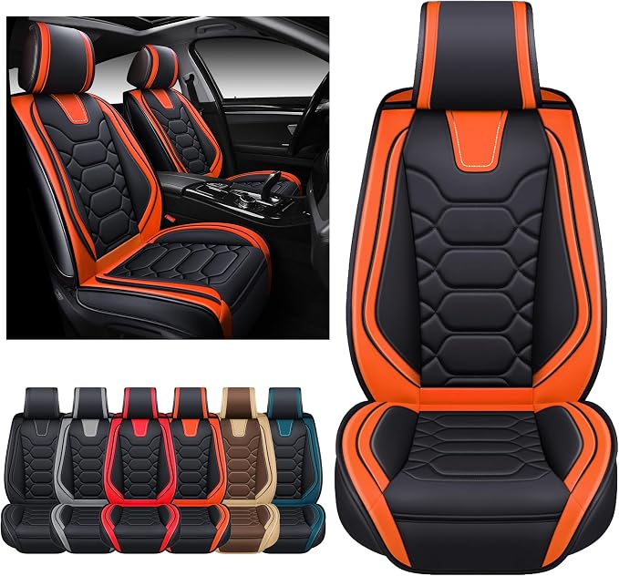 OASIS AUTO Car Seat Covers Front Seats, Sporty Honeycomb Waterproof Faux Leather Protectors, Universal Fit for SUV, Sedan, Truck Interior Accessories (OS-004 Black&Orange)