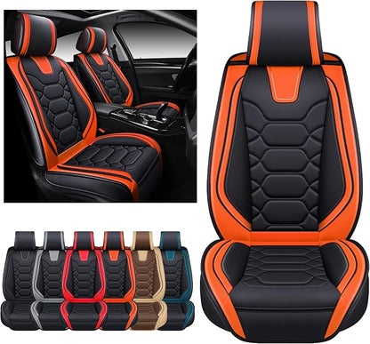 OASIS AUTO Car Seat Covers Front Seats, Sporty Honeycomb Waterproof Faux Leather Protectors, Universal Fit for SUV, Sedan, Truck Interior Accessories (OS-004 Black&Orange)
