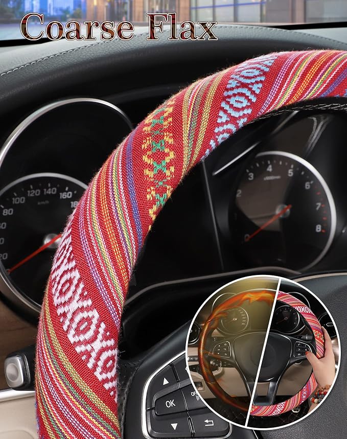 SEG Direct Boho Steering Wheel Cover with Baja Blanket Cloth, Ethnic Style Auto Wheel Cover Made of Coarse Flax, Fits 14 1/2-15 1/4 inches Car Wheel
