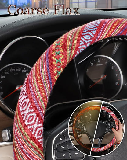 SEG Direct Boho Steering Wheel Cover with Baja Blanket Cloth, Ethnic Style Auto Wheel Cover Made of Coarse Flax, Fits 14 1/2-15 1/4 inches Car Wheel