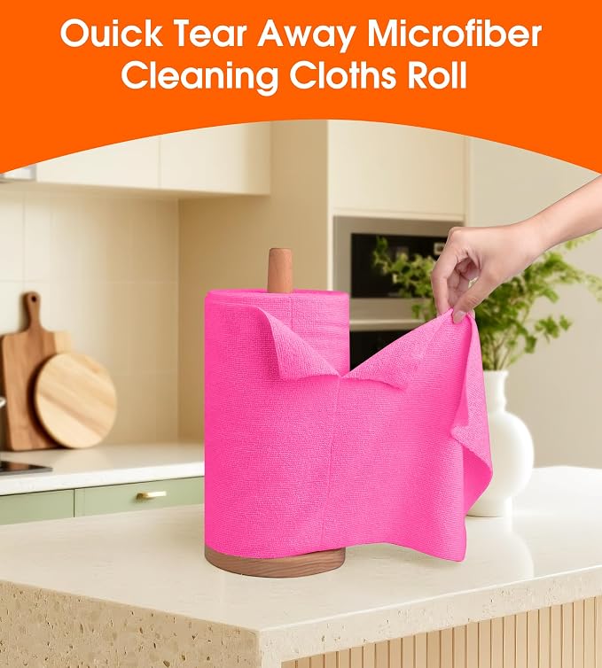 Microfiber Cleaning Cloth Roll - 100 Pack Tear Away Microfiber Paper Towels, Reusable, Washable, Scratch-Free, Kitchen Towels for Car, Home, Kitchen, Glass, Dishes (Hot Pink)