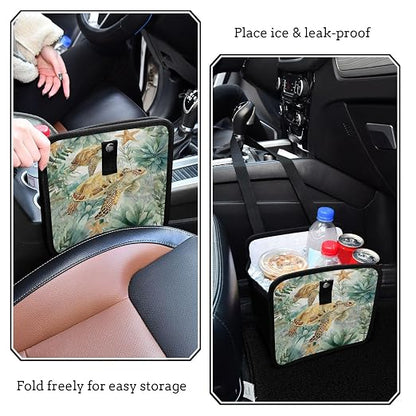 Car Trash Can Organizer Bin with Adjustable Strap for Back Front Seat Console Waterproof Leakproof Collapsible Portable 11 Inch Sea Turtle Starfish Plants