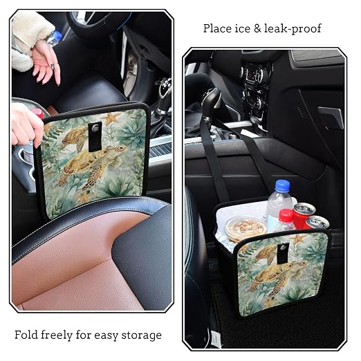 Car Trash Can Organizer Bin with Adjustable Strap for Back Front Seat Console Waterproof Leakproof Collapsible Portable 8.66 Inch Sea Turtle Starfish Plants