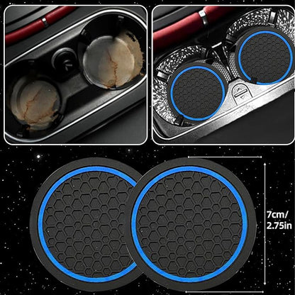 NBTEPEM 6 Pcs Blue Car Accessories Set, Sport Leather Steering Wheel Cover 14.5-15inch Universal, Microfiber Leather Car Center Console Cover, Seat Belt Cushion, Cup Holder Coaster (Black-Blue)