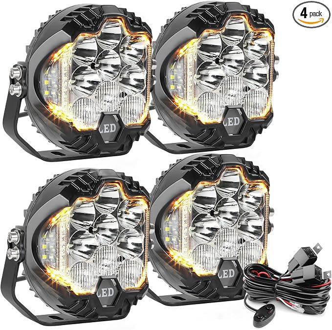 LIGBT 4pcs 5 Inch White Round Offroad Lights LED Pods with Amber DRL 90W LED Light Pods 270° Wide Range Super Bright Side Shooter with Wiring Harness kit for Truck Pickup ATV UTV SUV