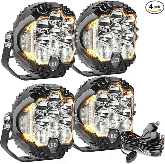 LIGBT 4pcs 5 Inch White Round Offroad Lights LED Pods with Amber DRL 90W LED Light Pods 270° Wide Range Super Bright Side Shooter with Wiring Harness kit for Truck Pickup ATV UTV SUV