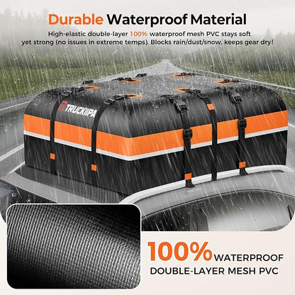Truckiipa Car Rooftop Cargo Carrier Bag, 20 Cubic Feet Waterproof Roof Cargo Carrier Bag, Soft Shell Car Top Cargo Box for All Vehicles with/Without Racks, Anti-Slip Mat, Door Hooks, Luggage Lock