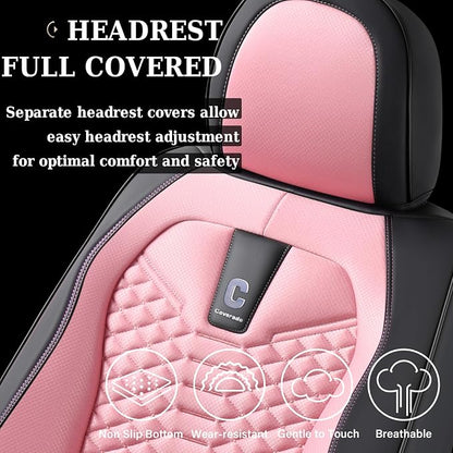 Coverado Front Seat Covers, 2 PCS Pink Seat Cover for Cars, Breathable Fabric& Faux Leather Seat Cover, Driver Seat Cushion, Car Seat Protector Universal Fit Most Cars, Trucks, SUV