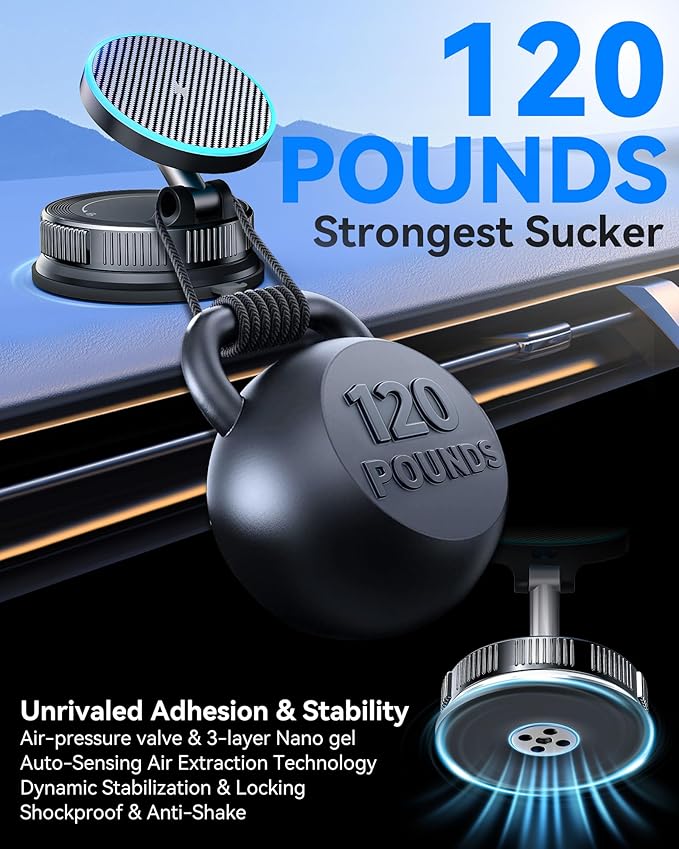 15W MagSafe Car Mount Charger, Magnetic Wireless Car Charger with Vacuum Suction Cup & Nano Adhesive Base, 360° Rotatable Strong Hold Car Phone Mount for iPhone 17 16 15 14 13 12 Series, Samsung S26