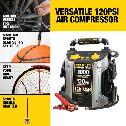 STANLEY J5C09 1000 Peak Amp Automotive Jump Starter, Portable Power – 2.1A/10W USB Port, 12V Outlet, 120 PSI Air Compressor for Tires, Bikes & Sports Equipment | Portable Power, 2.1A/10W USB Port, 12V Outlet, 120 PSI Air Compressor for Tires, Bikes & S...