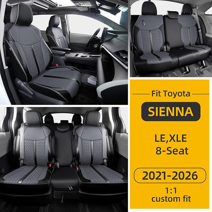 Custom Fit Sienna Seat Covers for 2021-2026 Toyota Sienna LE XLE 8-Seat, Waterproof Faux Leather Full Set Airbag Compatible 3-Row Car Seat Protectors (Black+Grey)