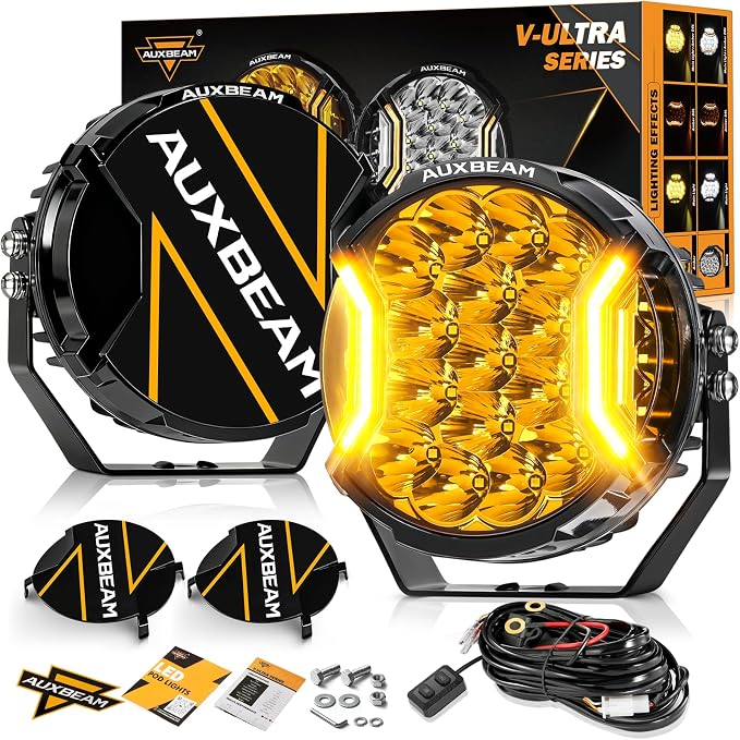 Auxbeam 7 Inch LED Side Shooter Light, V-Ultra Series Round Driving Offroad Lights 226W Hyper Spotlights with Amber DRL, 270° Wide Range Universal Amber Yellow Lights with Black Cover, Pair