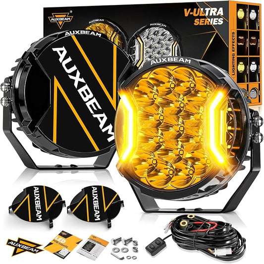 Auxbeam 7 Inch LED Side Shooter Light, V-Ultra Series Round Driving Offroad Lights 226W Hyper Spotlights with Amber DRL, 270° Wide Range Universal Amber Yellow Lights with Black Cover, Pair