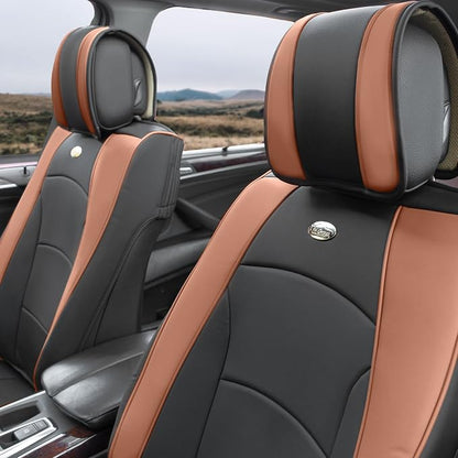 FH Group Ultra Comfort Highest Grade Faux Leather Full Set Cushion Pads Car Seat Covers for Front and Rear– Universal Fit for Cars Trucks & SUVs (Brown/Black)