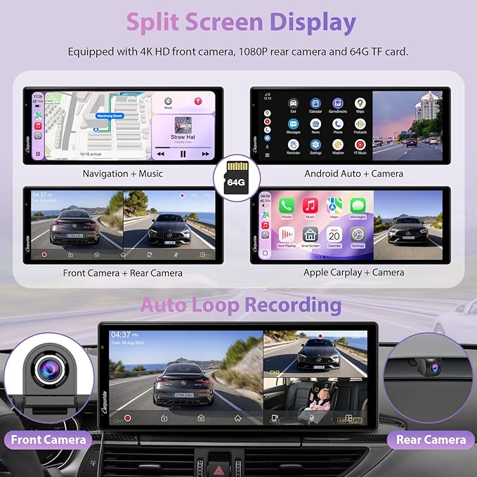 CarpurideW903S3 9.33 Inch HD Wireless Carplay & Android Auto Screen, 4K Front + Wired 1080P Rear + Infrared Camera, with Loop Recording, Bluetooth, GPS, FM, Super Link, 64GB TF