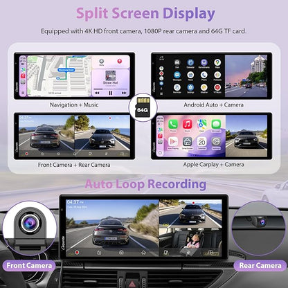 CarpurideW903S3 9.33 Inch HD Wireless Carplay & Android Auto Screen, 4K Front + Wired 1080P Rear + Infrared Camera, with Loop Recording, Bluetooth, GPS, FM, Super Link, 64GB TF