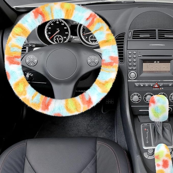 Accmor Fuzzy Car Steering Wheel Cover, Universal Fluffy Auto Wheel Cover & Handbrake Cover & Gear Shift Cover Set, Soft Warm Steering Wheel Protector Car Accessories for Men Women Girls, Colorful