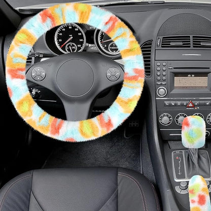 Accmor Fuzzy Car Steering Wheel Cover, Universal Fluffy Auto Wheel Cover & Handbrake Cover & Gear Shift Cover Set, Soft Warm Steering Wheel Protector Car Accessories for Men Women Girls, Colorful