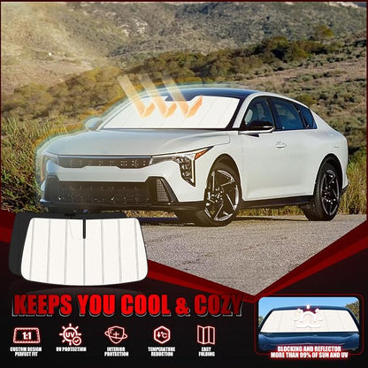 Windshield Sun Shade for Kia K4 2025-2026, Front Window Visor Accessories, Folding Design Blocks Heat & UV Rays Maintain Cool Interior and Save Space
