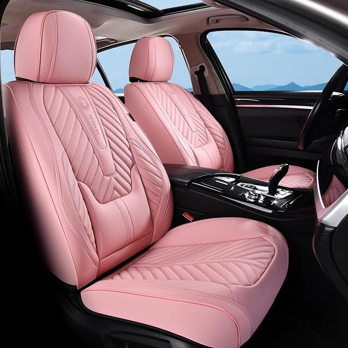 Coverado Seat Covers Front Seats, Car Seat Cover Protector with Lumbar Support, Waterproof Car Seat Cushion, Leather Seat Covers Carseat Cover Universal Fit for Most Cars，Pink