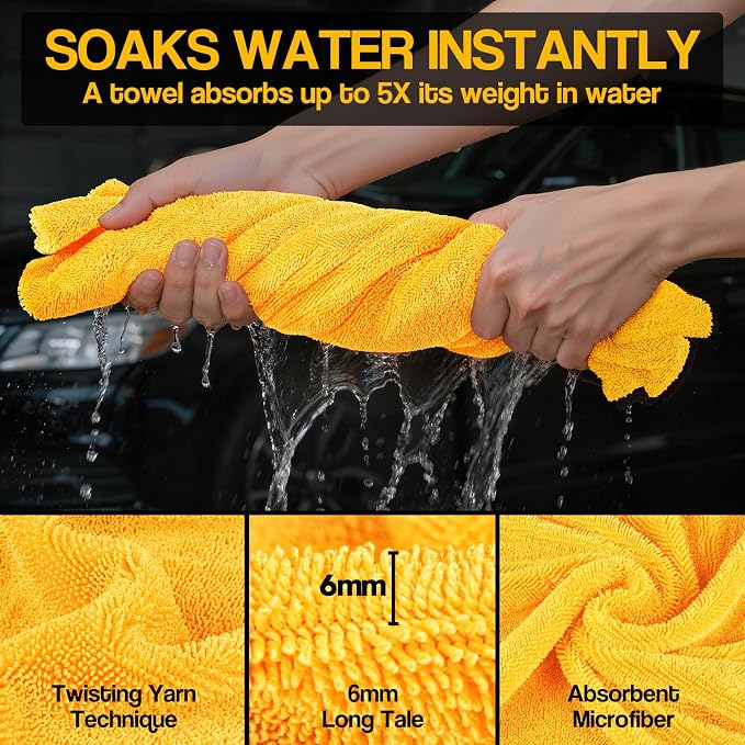 Bolant 4 Pack Twisted Loop Car Drying Towel, 36x24 in Car Towels Cleaning Supplies, Reusable Shammy Quick Dry Cloth for Carwash, for Auto, Boat, Kitchen, Windows & Bathroom（Yellow）