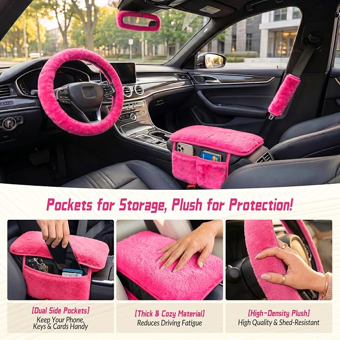 5 Pcs Fuzzy Pink Color Car Accessories Set, Soft Fluffy Plush Steering Wheel Cover, Center Console Armrest Pad & Rearview Mirror Cover - Interior Decorations for Women,Universal Fit (Pink)