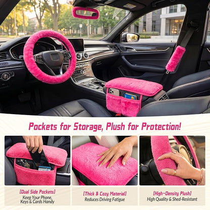 5 Pcs Fuzzy Pink Color Car Accessories Set, Soft Fluffy Plush Steering Wheel Cover, Center Console Armrest Pad & Rearview Mirror Cover - Interior Decorations for Women,Universal Fit (Pink)