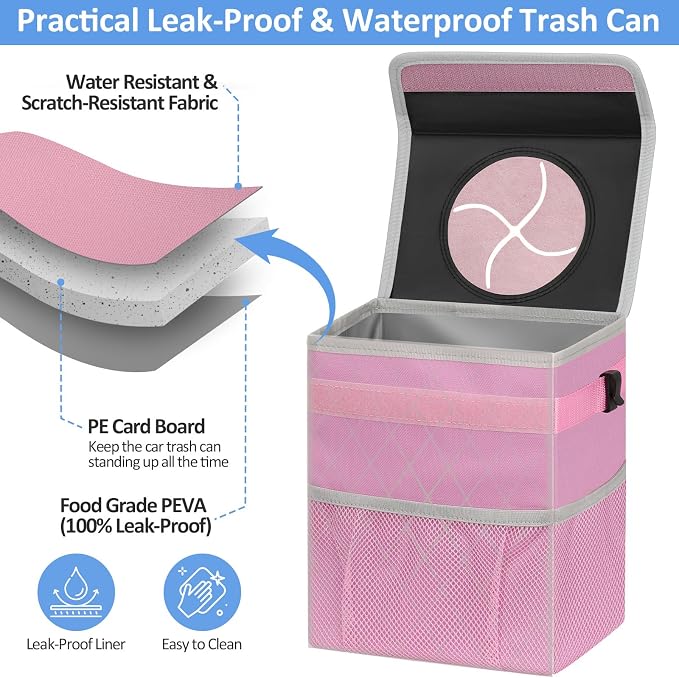 ELONGRIVER Car Trash Can for SUVs, Trucks, Vans - Pink, 2 Gallons Capacity, Leak-Proof Liner, Utility Clasps, Cute Design