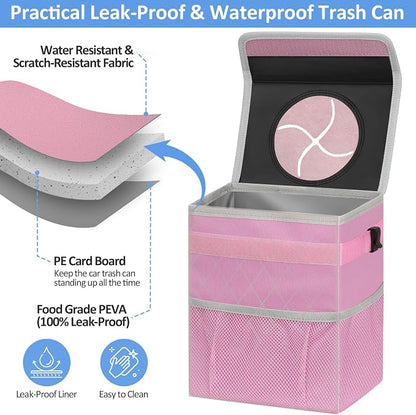 ELONGRIVER Car Trash Can for SUVs, Trucks, Vans - Pink, 2 Gallons Capacity, Leak-Proof Liner, Utility Clasps, Cute Design